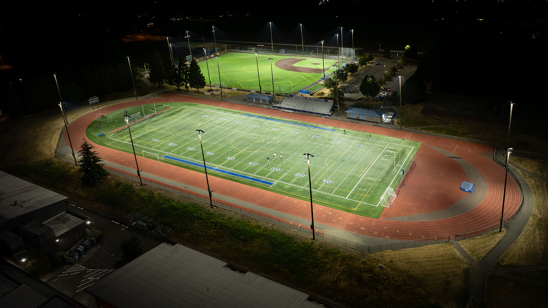 Bothwell High School football field with baseball field in the background after being upgrading to LED sports lighting.