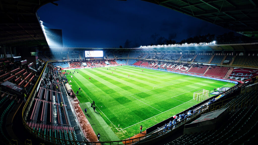 View of Pohang Steel Yard soccer field seen from the stands after upgrading to LED stadium lighting.