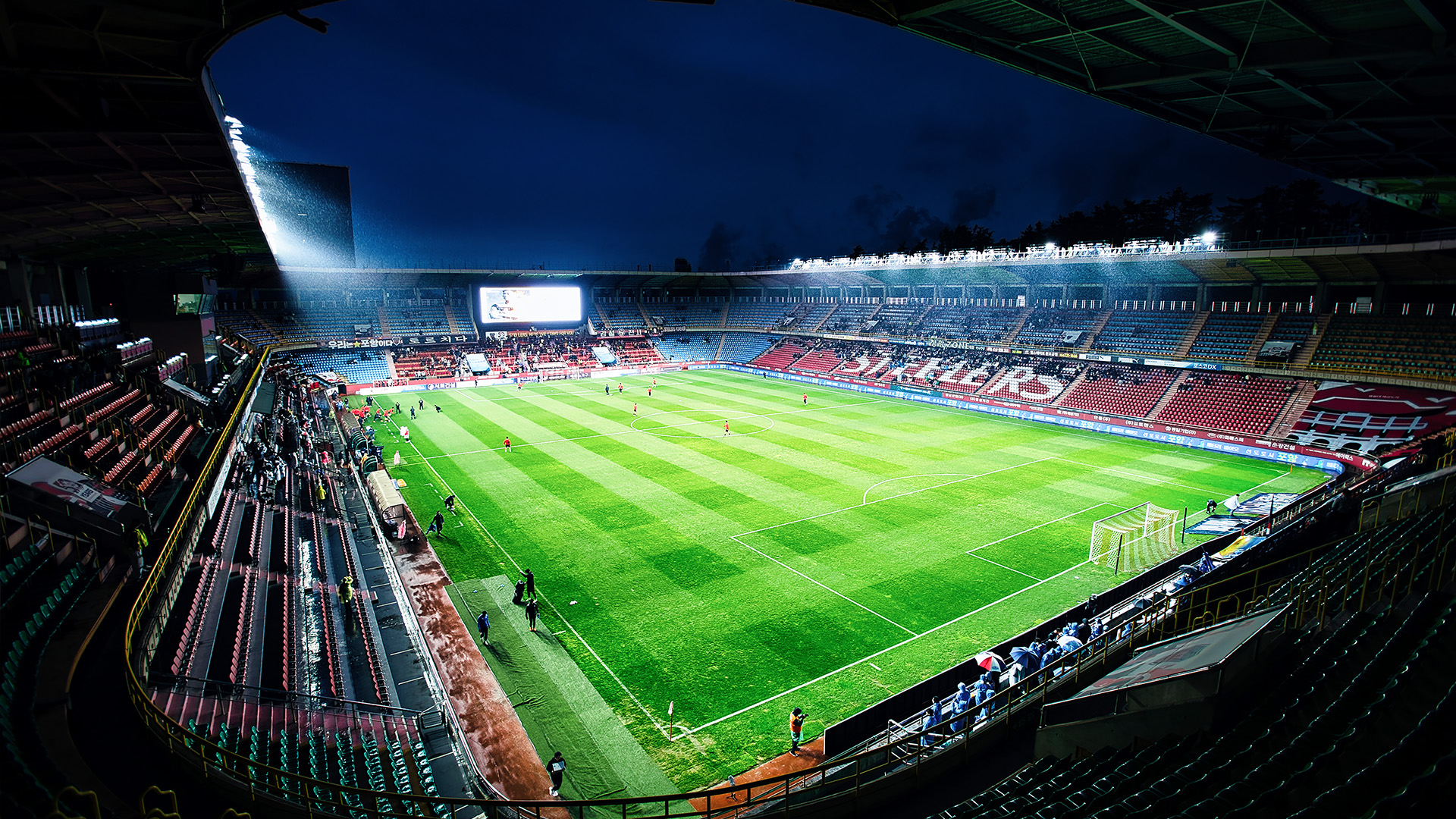 View of Pohang Steel Yard soccer field seen from the stands after upgrading to LED stadium lighting.