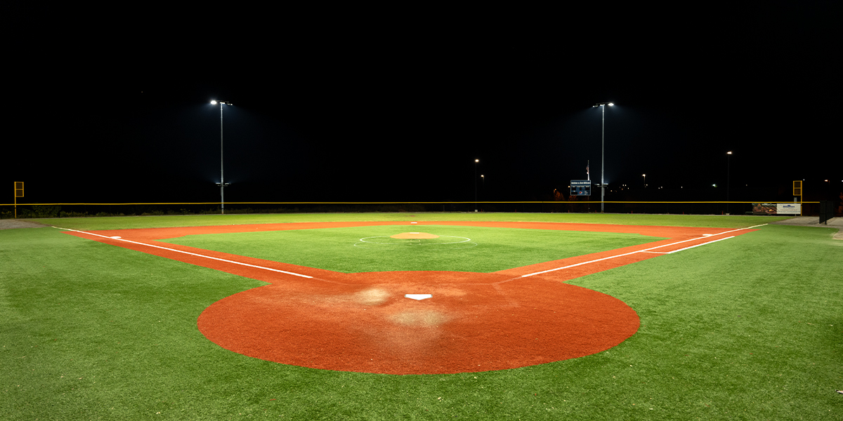 TLC for LED lights viewed from home plate at Bob Lewis Ballpark baseball field