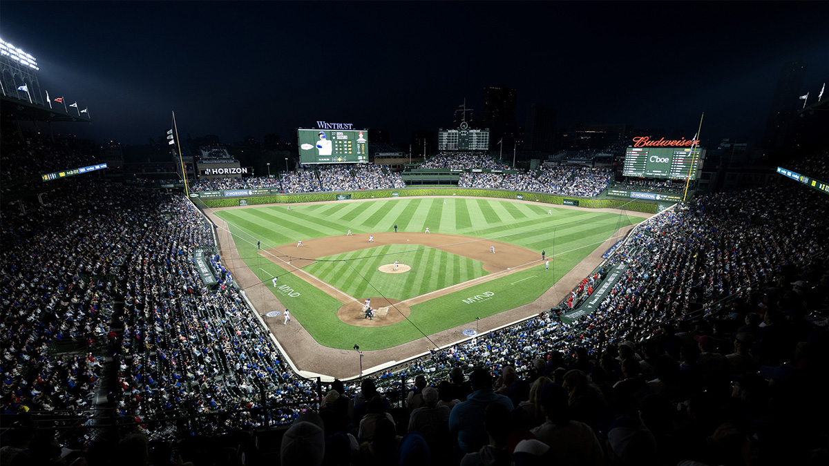 Wrigley field at night from home base