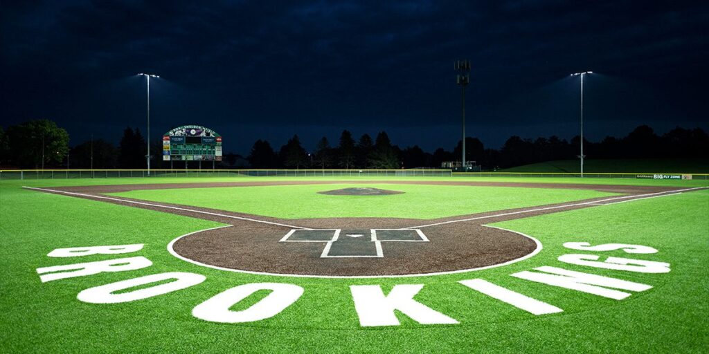 Bob Shelden Field seen from behind home plate after receiving field lighting upgrade to Musco's TLC for LED system