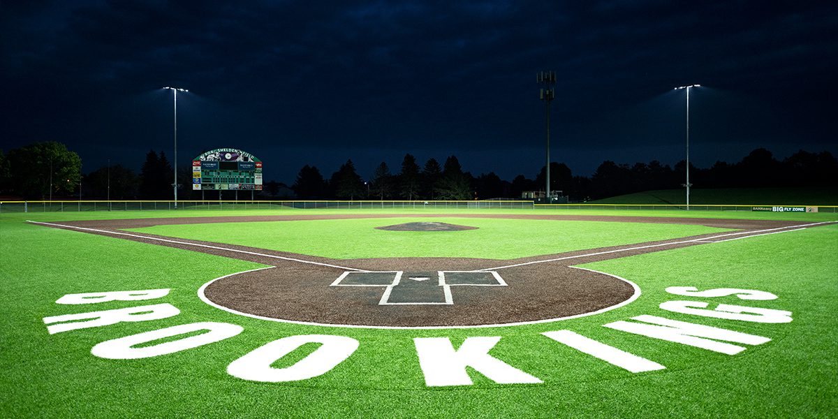 Bob Shelden Field seen from behind home plate after receiving field lighting upgrade to Musco's TLC for LED system