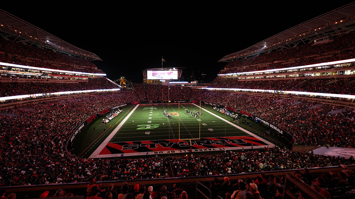 Cincinnati Bengals football field lit at night