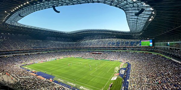 Photo from the stands of soccer game being played at Estadio BBVA with new Musco LED light system turned on overhead.