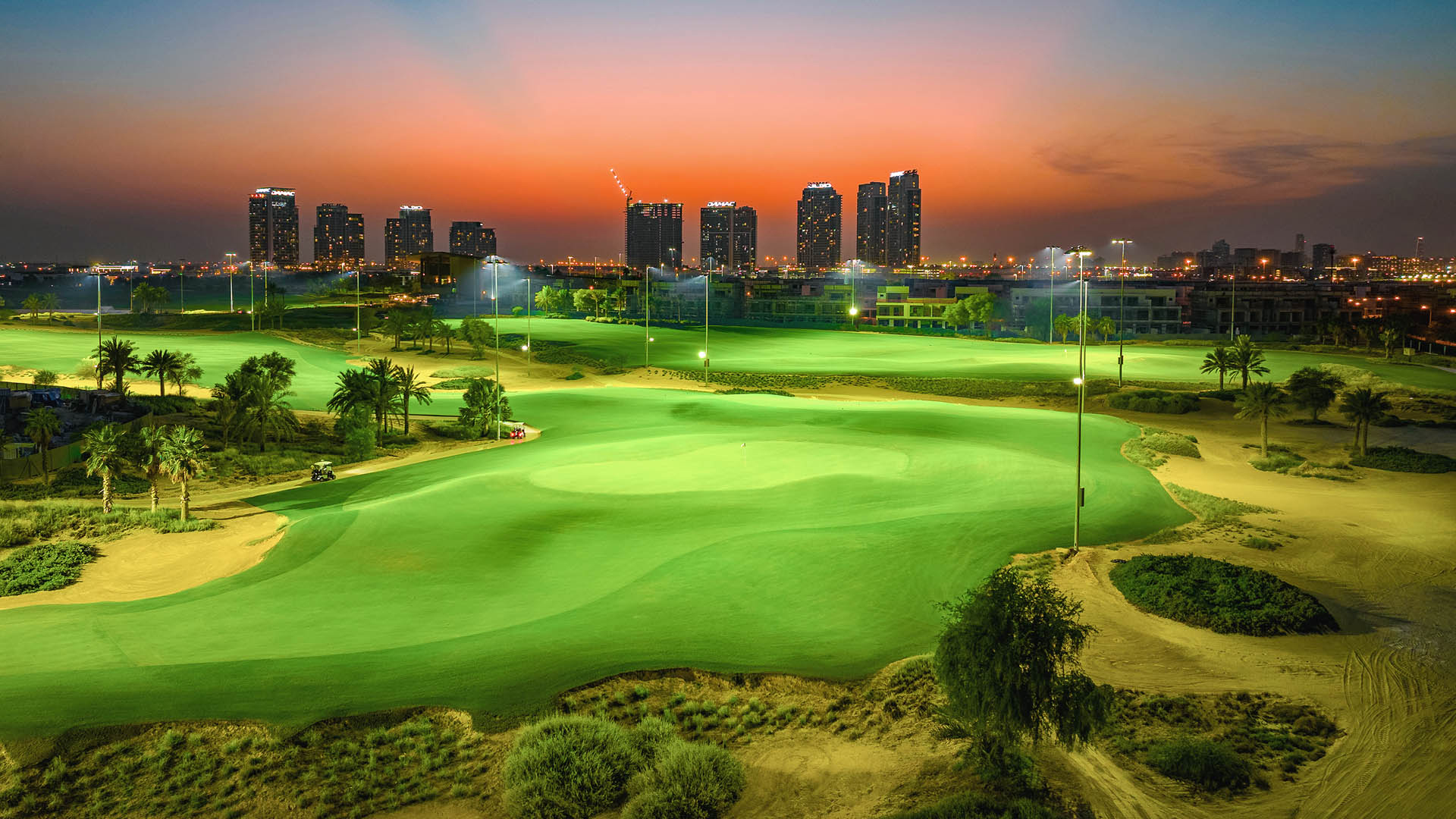 golf course with lighting structures