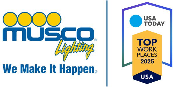 Two logos separated by a blue line. On the left is the Musco Lighting logo with We Make It Happen tagline. On the right is the logo for the 2025 USA Today Iowa Top Workplace.