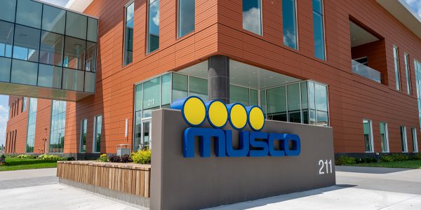 Photo of the new Musco corporate building with the Musco logo out front.