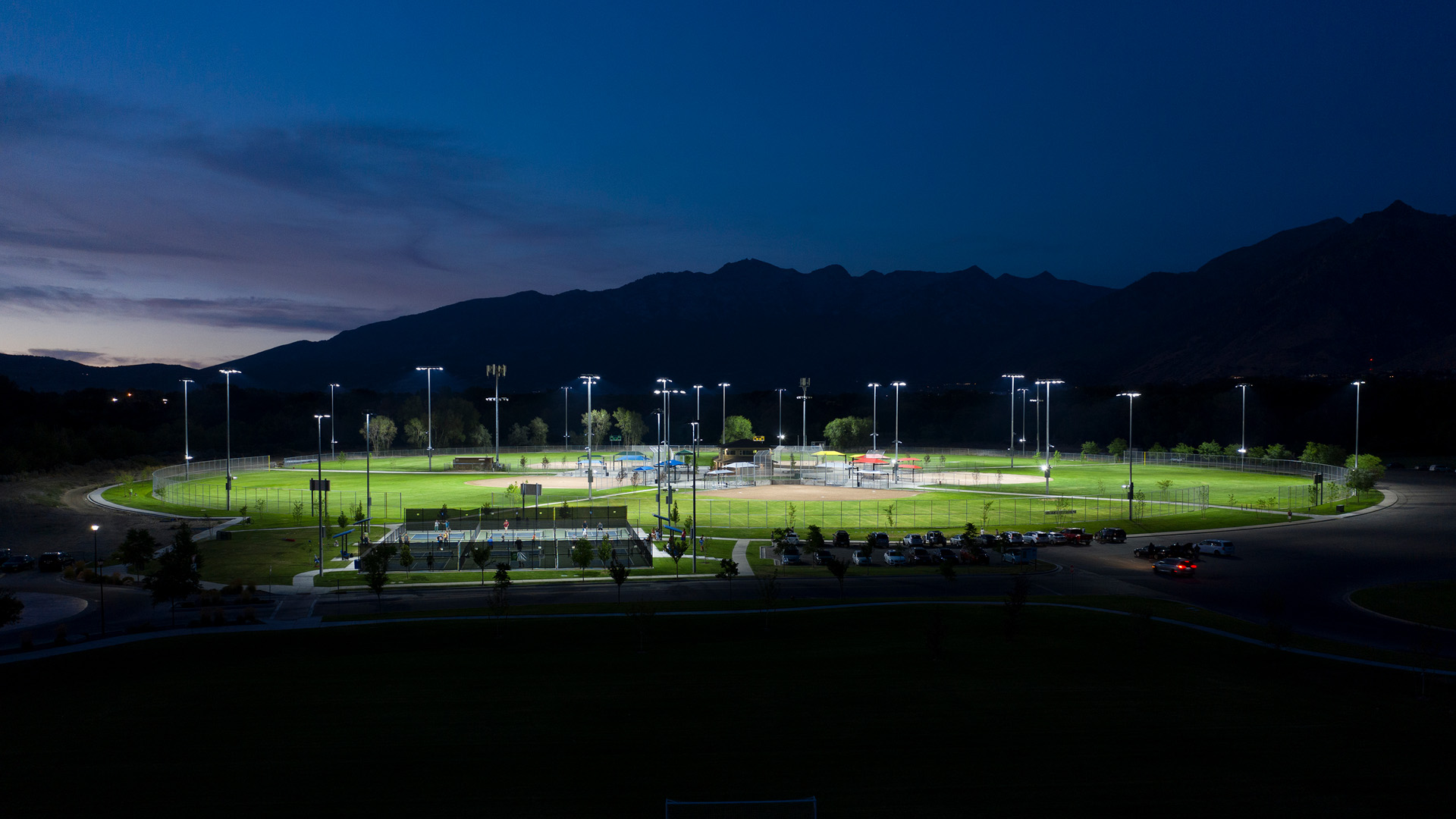 outdoor sports complex lit by light structures