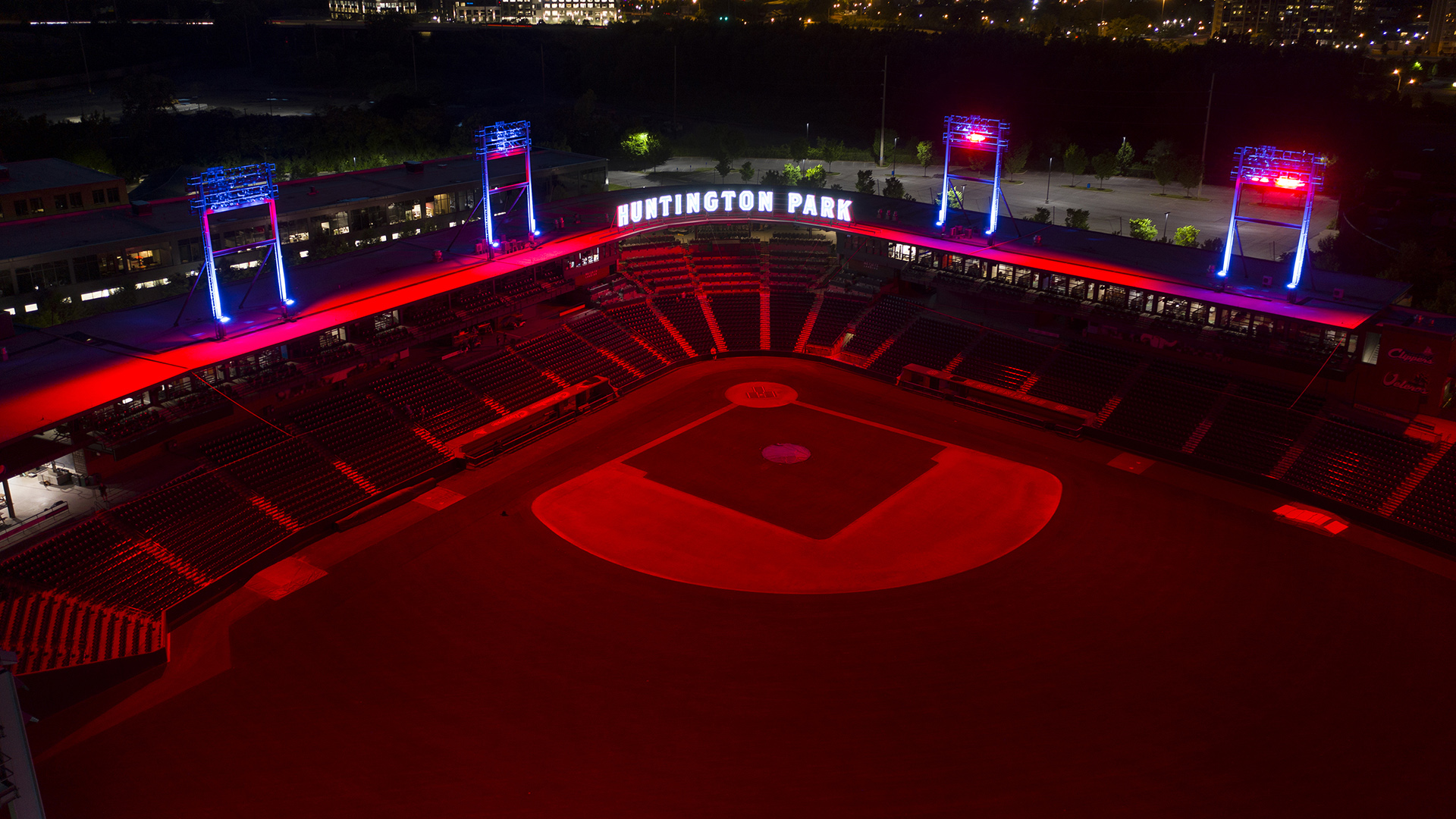 Baseball field with red lighting