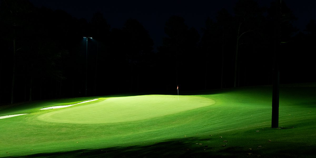Musco TLC for LED system with factory-aimed fixture lights the green at Sage Valley Golf Course while eliminating spill and glare to surrounding areas.